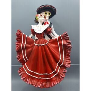 Large Painted Resin Day of the Dead Folklorico Dancing Couple, Red - Mexico
